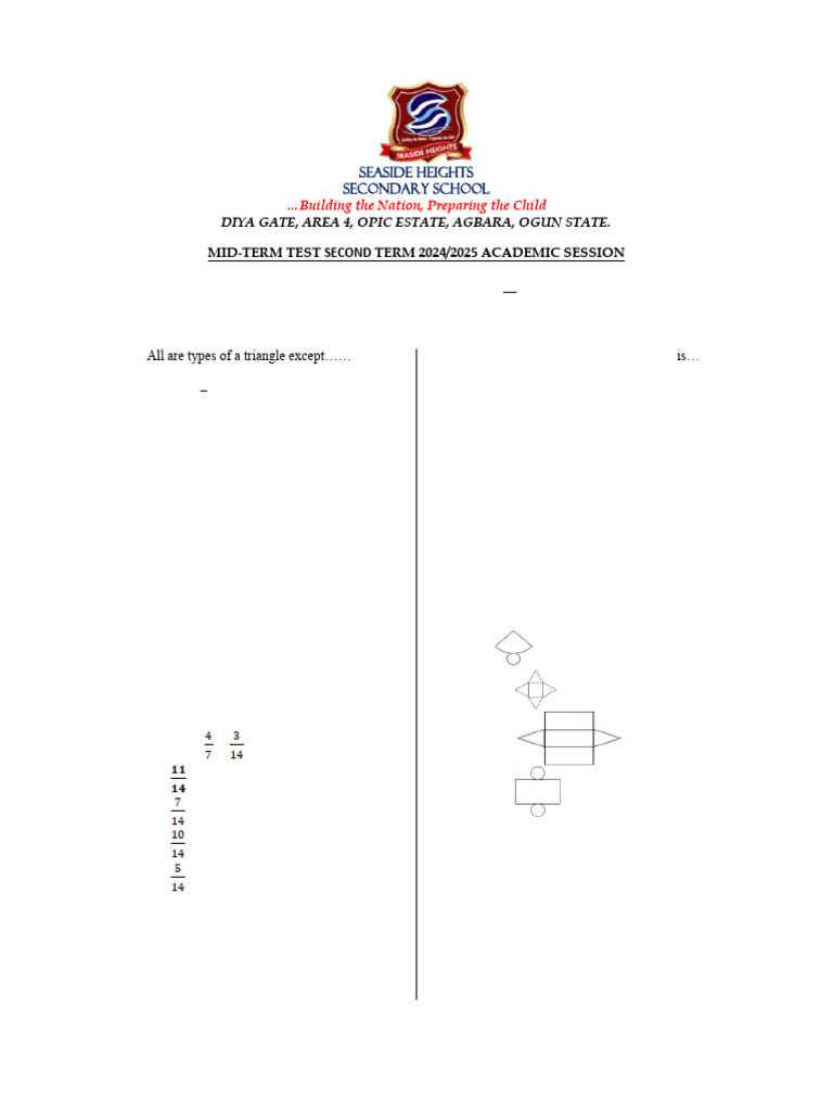 Year 7 Mathematics Mid-Term Test | PDF | Triangle | Volume