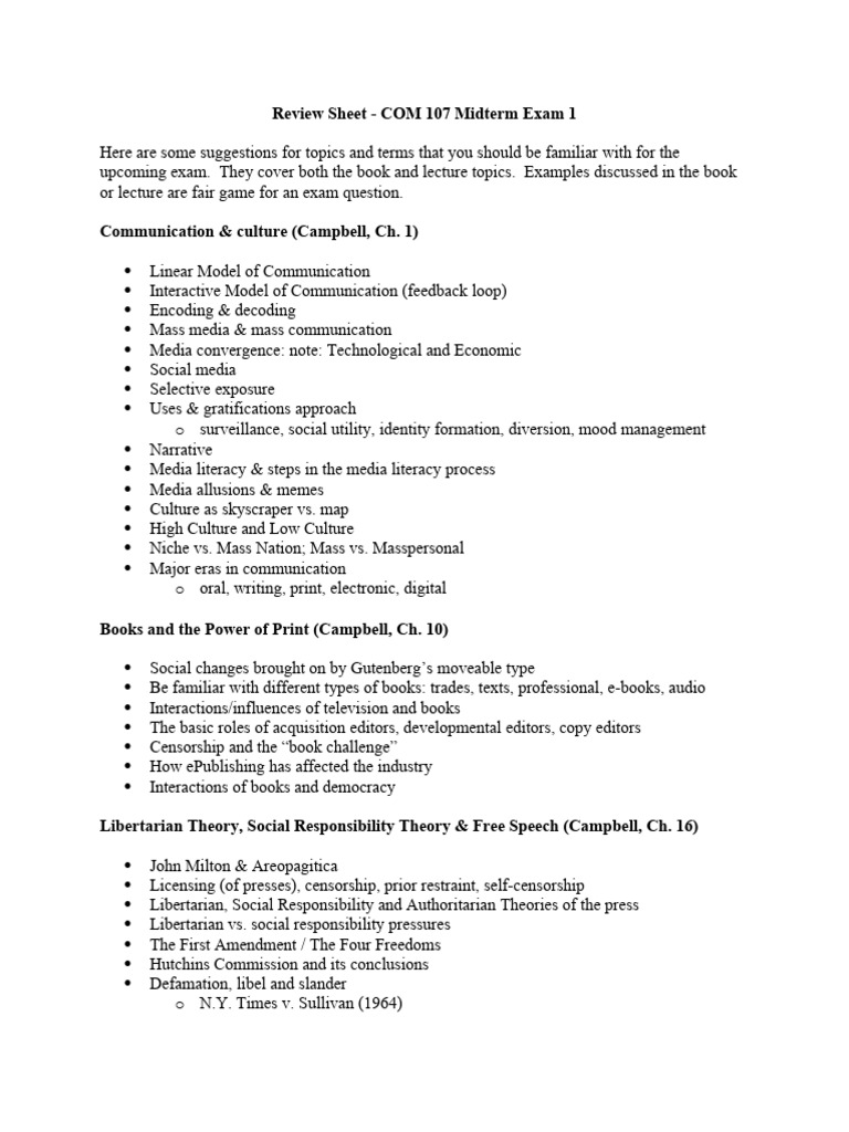 COM 107 Midterm Exam Review Guide | PDF | Journalism | Communication