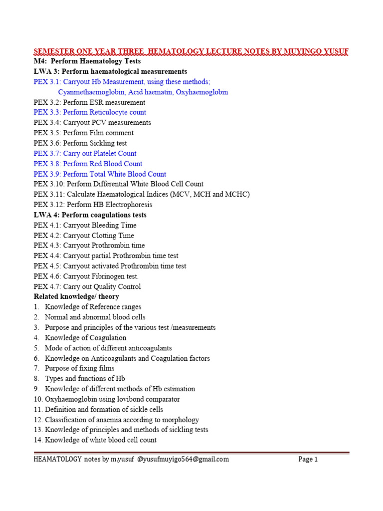 Comprehensive Hematology Lecture Notes | PDF | Anemia | White Blood Cell