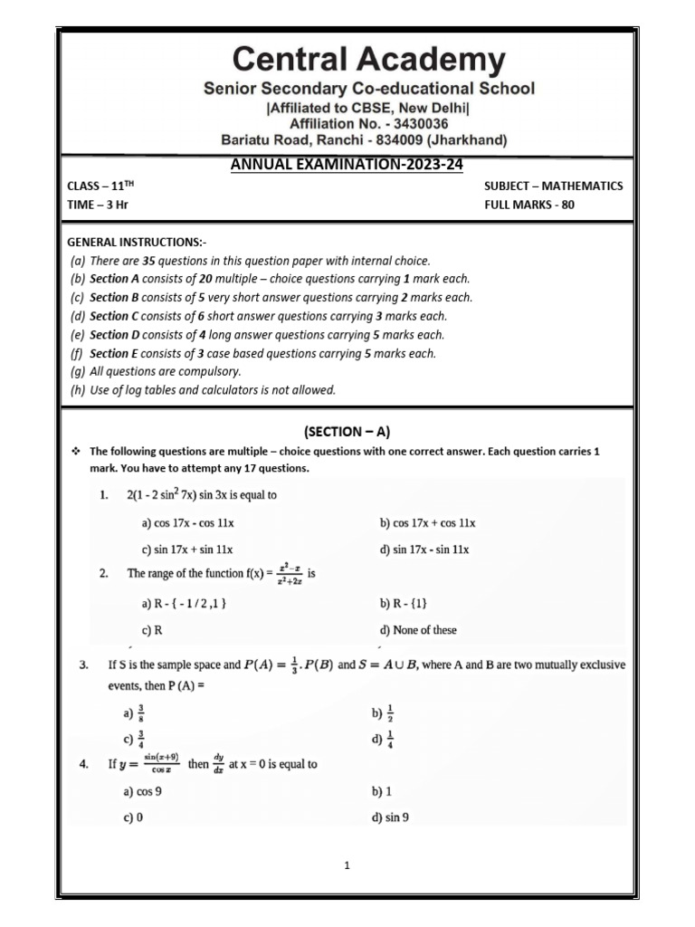 Class 11 Mathematics Annual Exam 2023-24 | PDF