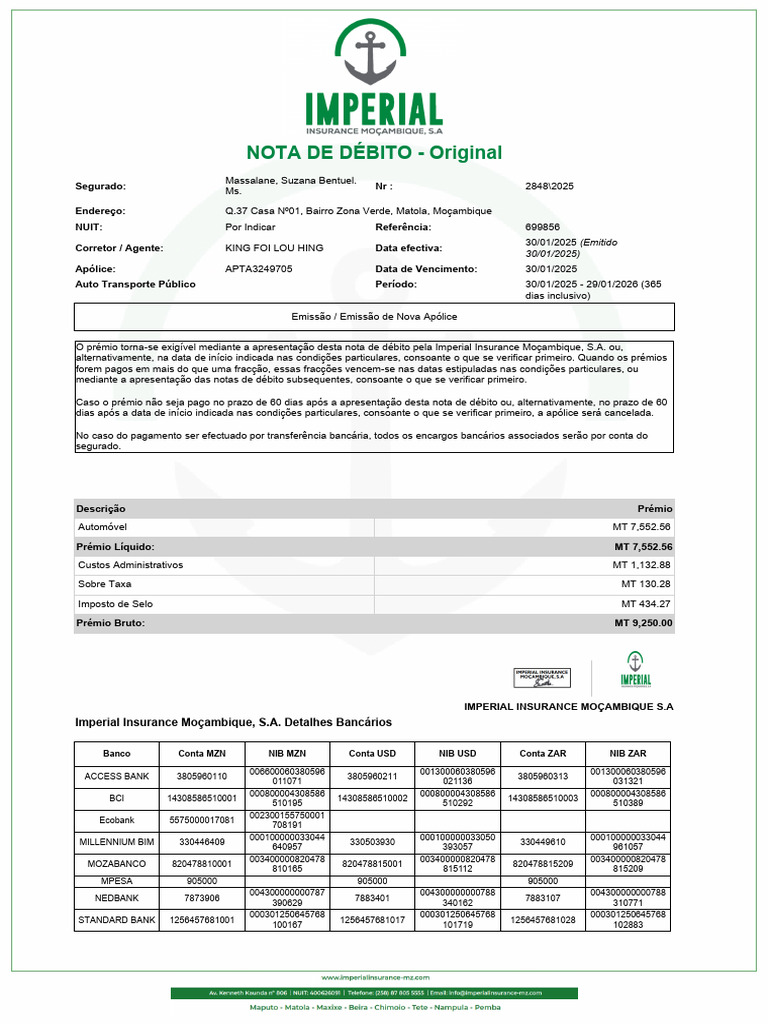 Nota de Débito - Seguro Auto Moçambique | PDF | Bancos | Finanças pessoais