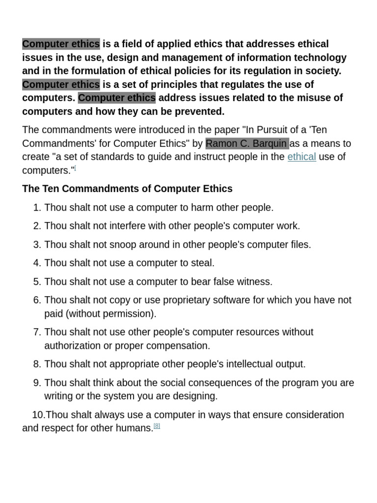 Ten Commandments of Computer Ethics | PDF