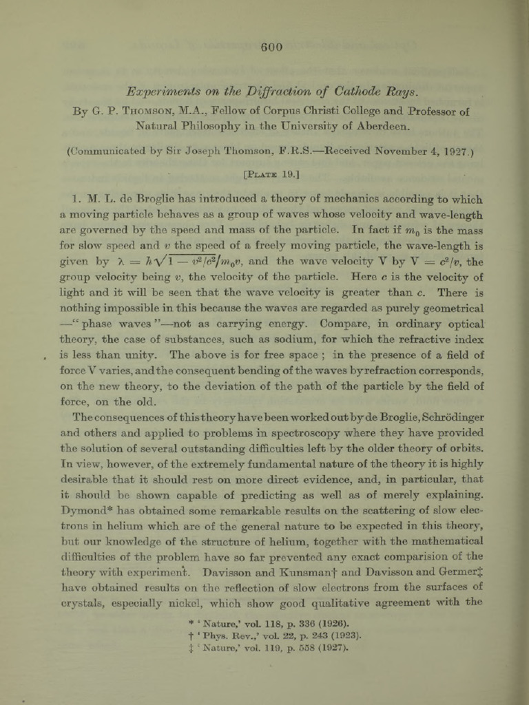 Cathode Ray Diffraction Experiments | PDF | Electron | Wavelength