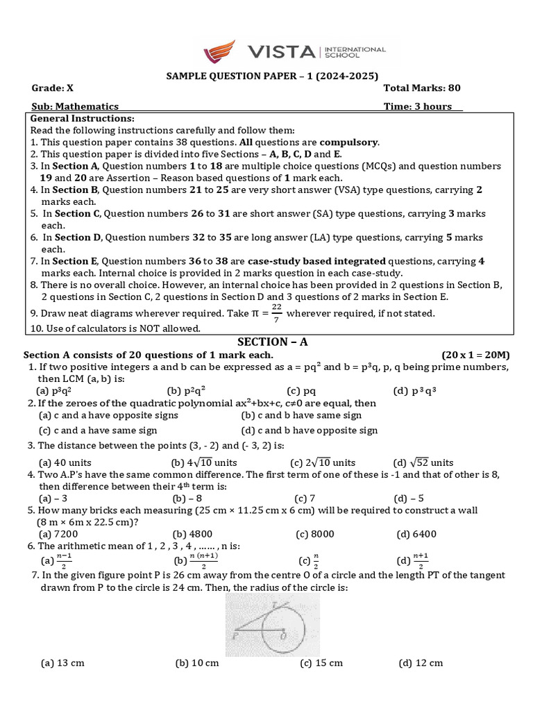 Grade X Mathematics Sample Paper 2024 | PDF | Circle | Area