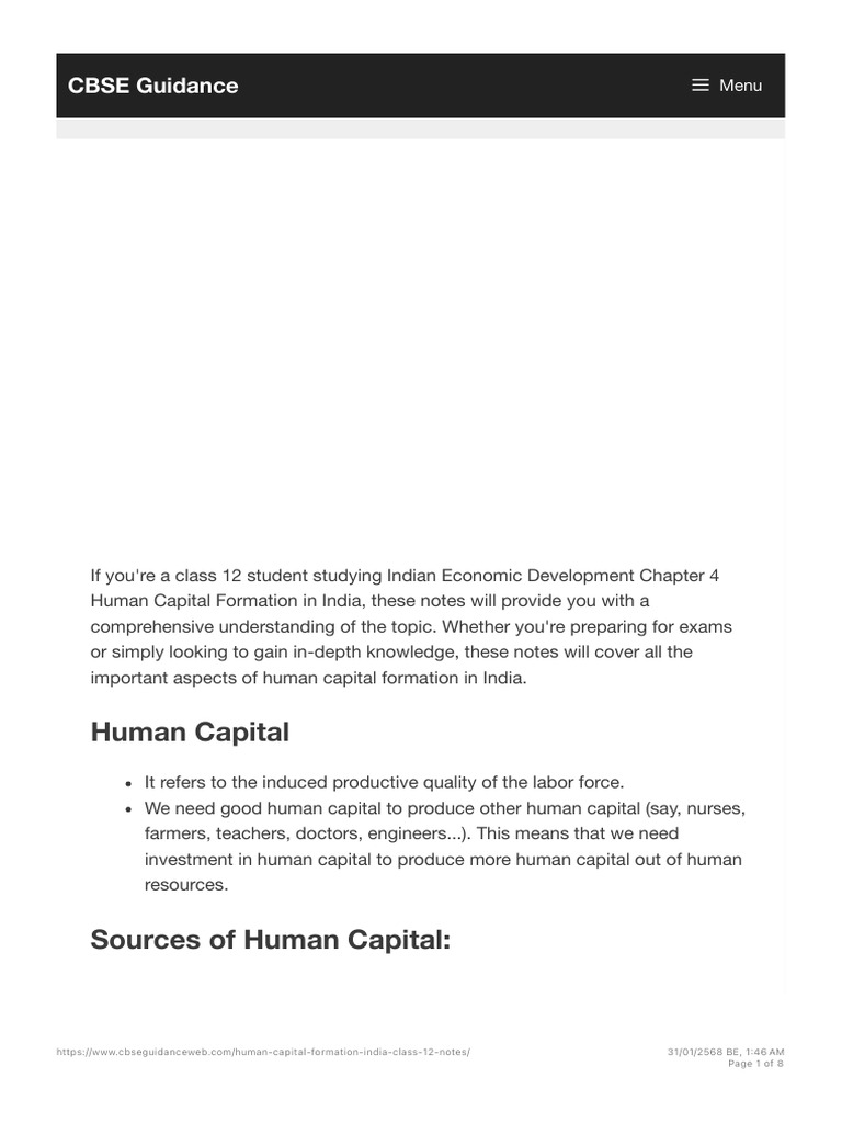 Comprehensive Class 12 Notes on Human Capital Formation in India - CBSE ...