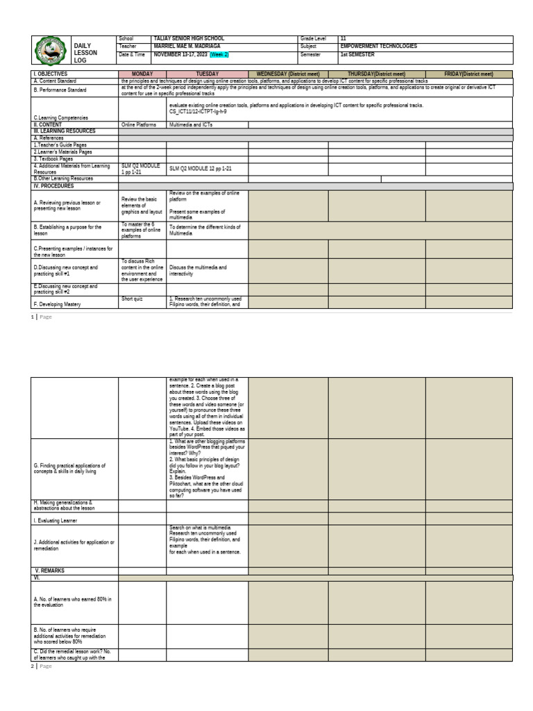 Grade 11 Empowerment Tech Lesson Plan | PDF | Educational Technology ...