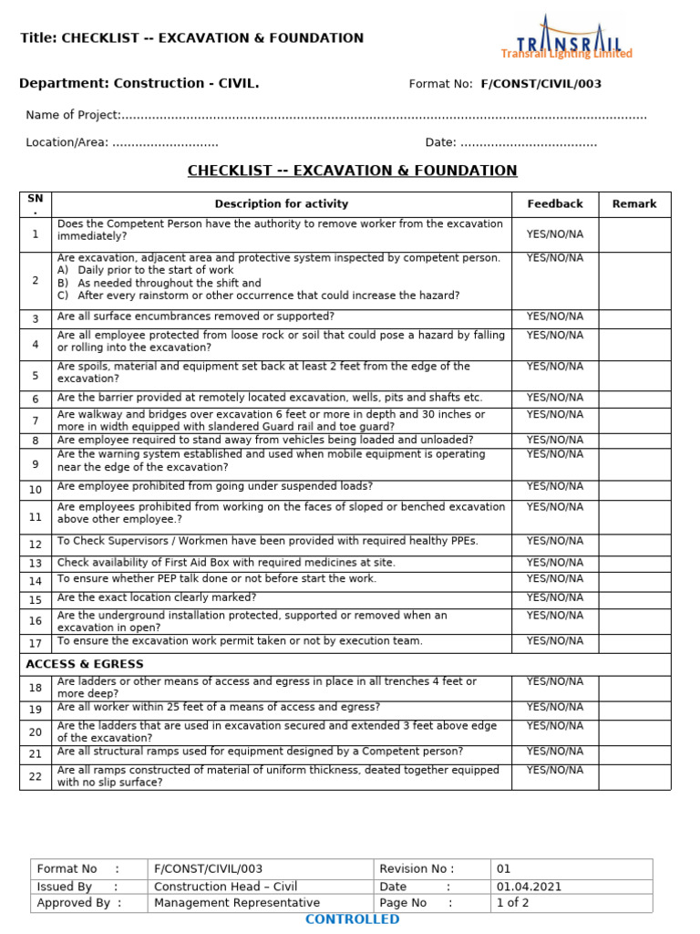 Excavation and Foundation Safety Checklist | PDF