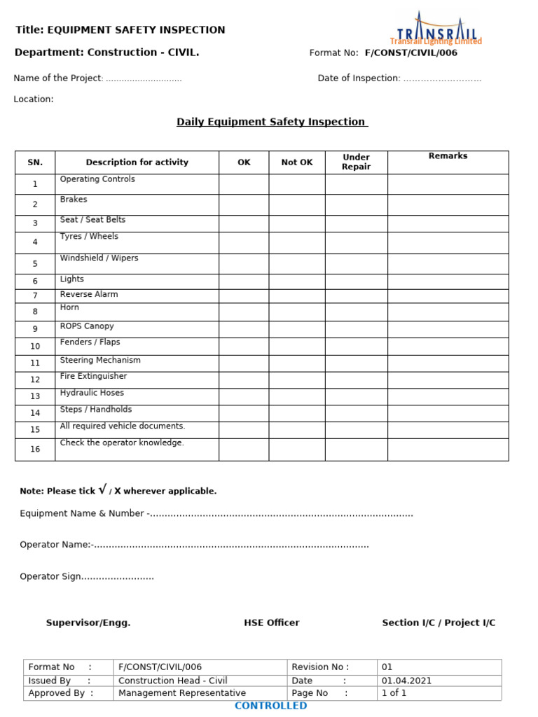 Daily Equipment Safety Inspection Checklist | PDF