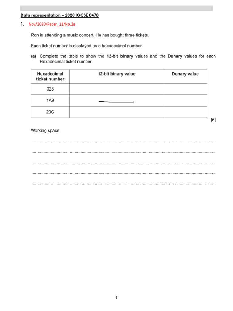 Data Representation IGCSE 0478 Set 2 - CLASSWORK | PDF