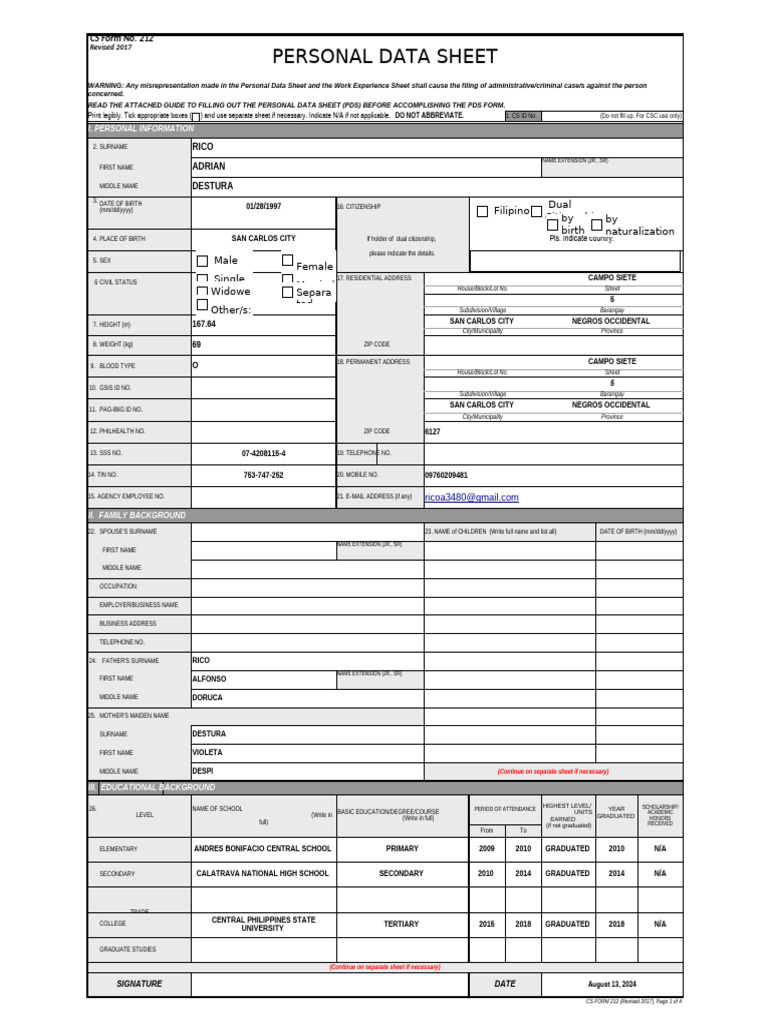 CS Form No. 212 Personal Data Sheet Revised (2) FINAL | PDF | Identity ...