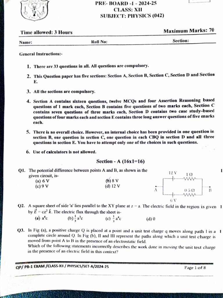 Class XII Physics Pre-Board Exam 2024-25 | PDF | Photoelectric Effect ...