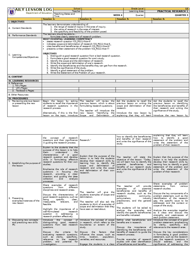 Week 4 Practical Research Lesson Plan | PDF | Critical Thinking ...