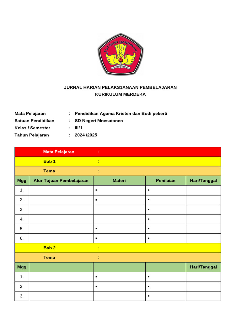 Jurnal Harian PAK Kelas 3 SD 2024 | PDF