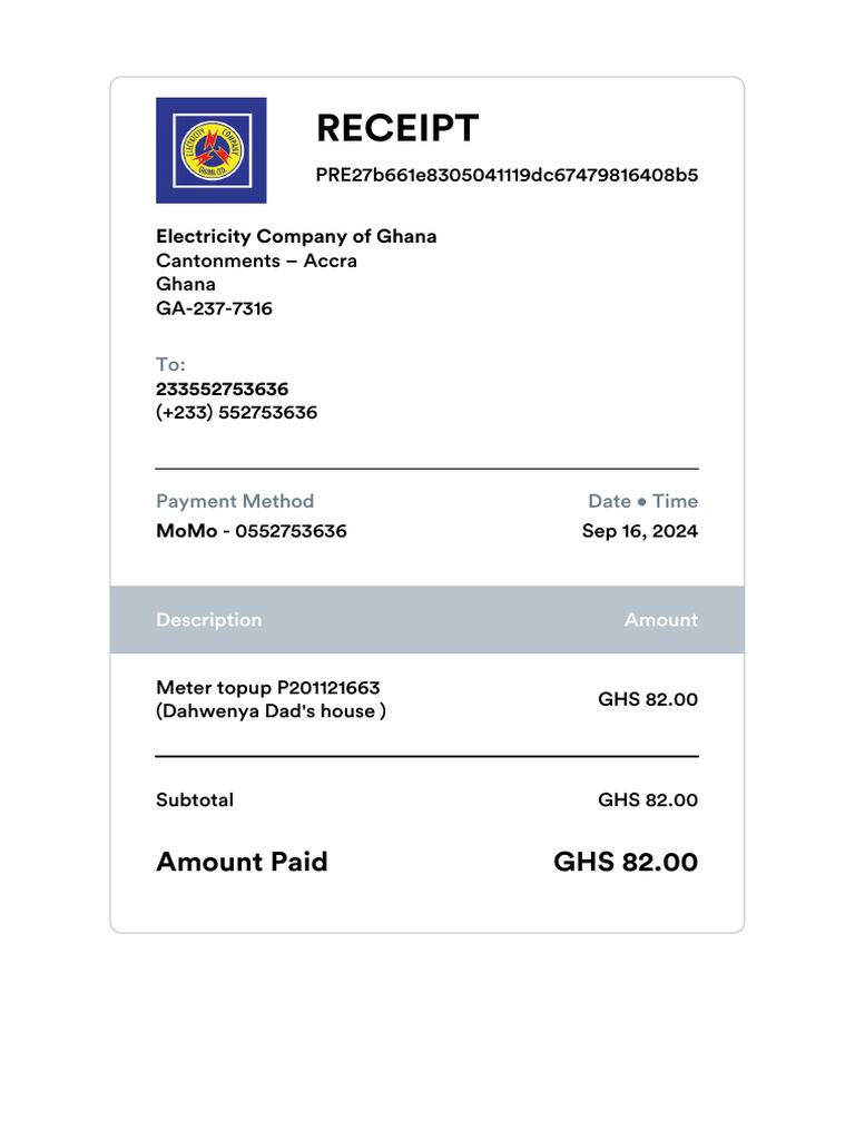 Ghana Electricity Payment Receipt | PDF