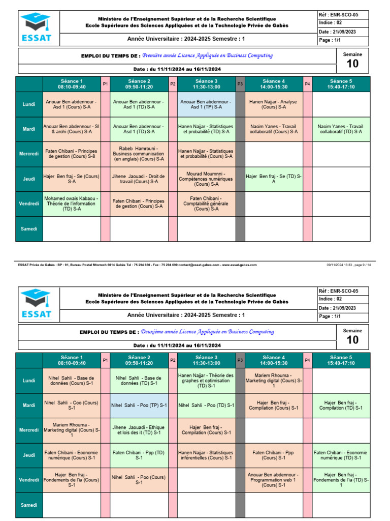 Emploi du temps Licence Business Computing | PDF | Informatique ...