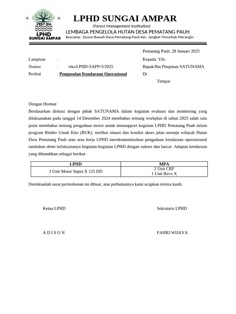 Pengusulan Kendaraan Operasional LPHD | PDF