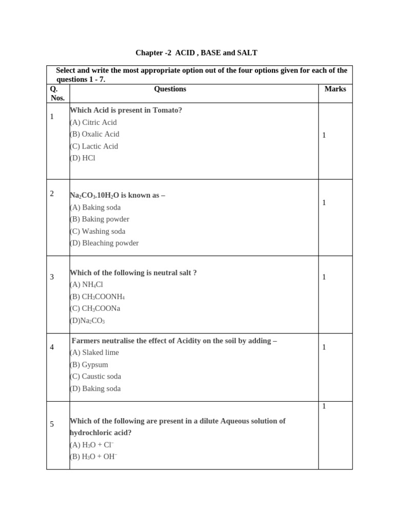 ACID, BASE, and SALT Quiz Questions | PDF | Ph | Sodium Carbonate