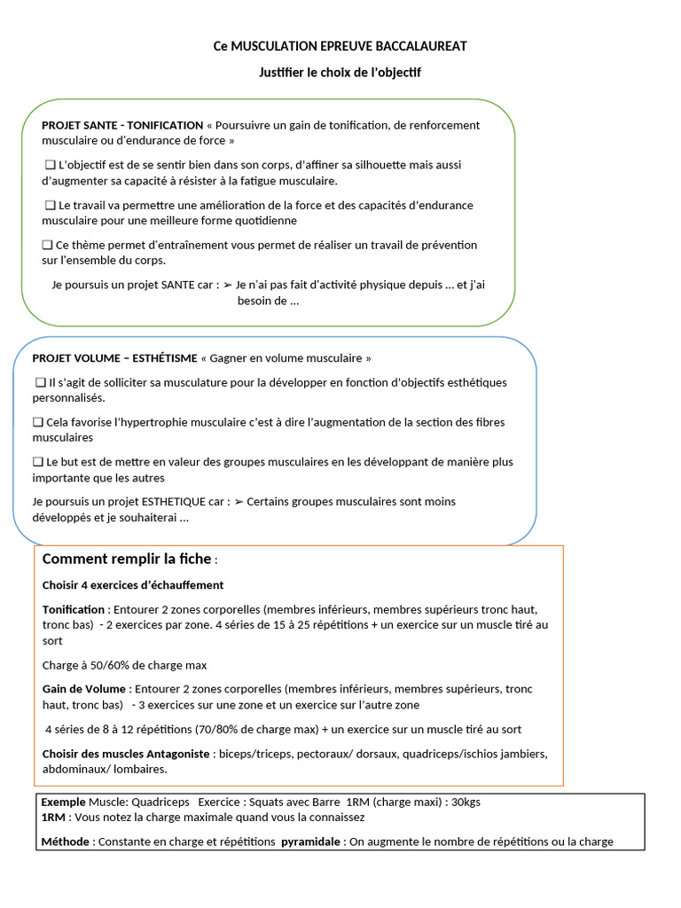 Fiche Musculation Bac : Exemples et Méthodes | PDF