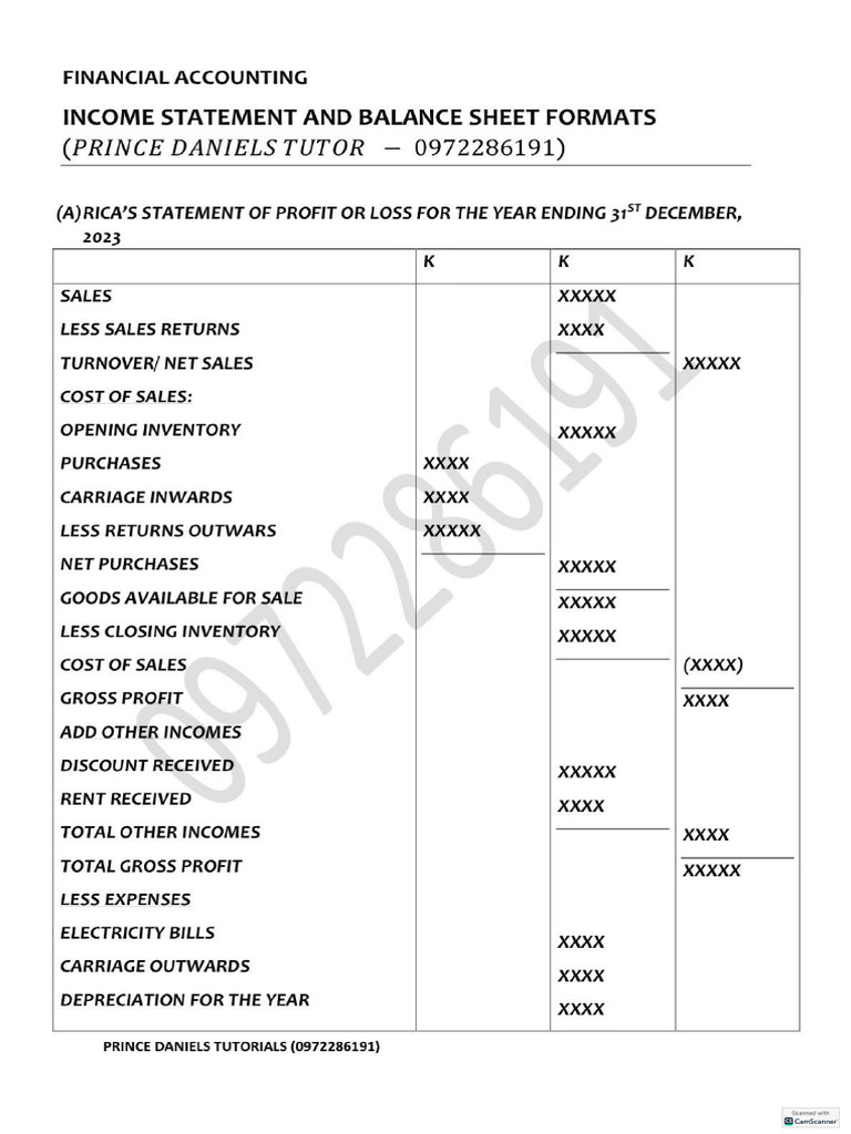 Accounts Format (Profit or Loss and Bala | PDF