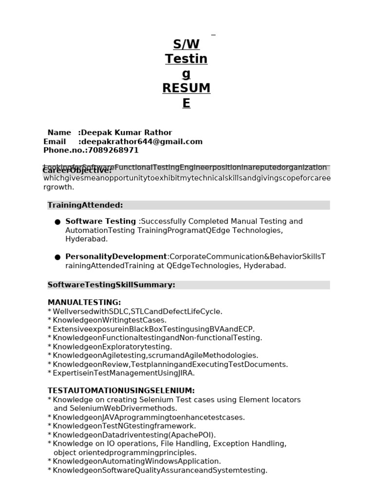 Software Testing Engineer Resume | PDF | Selenium (Software) | Computer ...