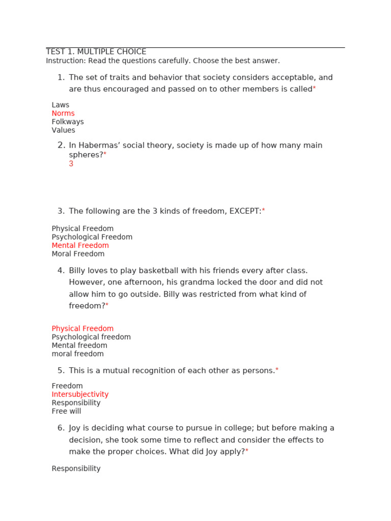 Social Theory and Freedom Quiz | PDF | Free Will | Mind