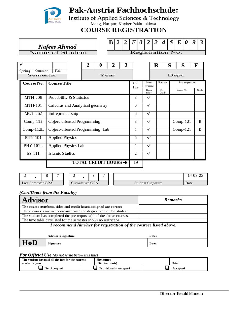 Course Registration Form - Pak-Austria | PDF | Course Credit | Higher ...
