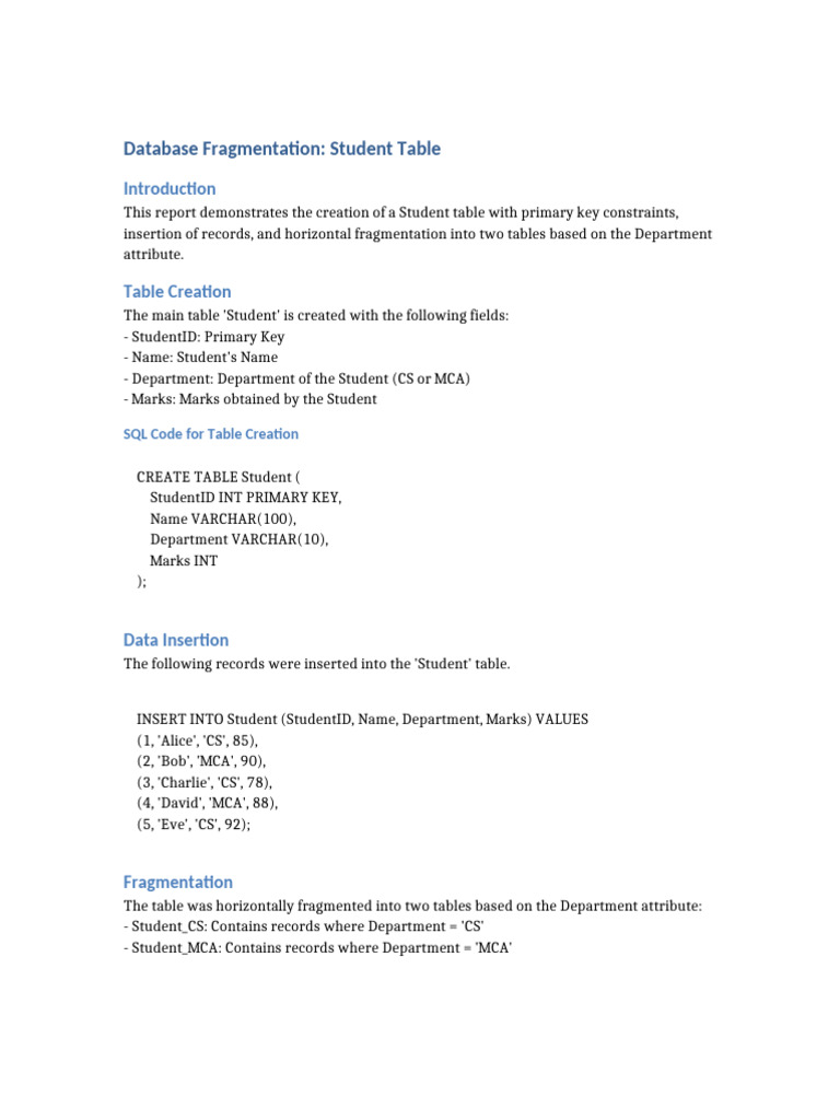 Student Table Fragmentation Report | PDF