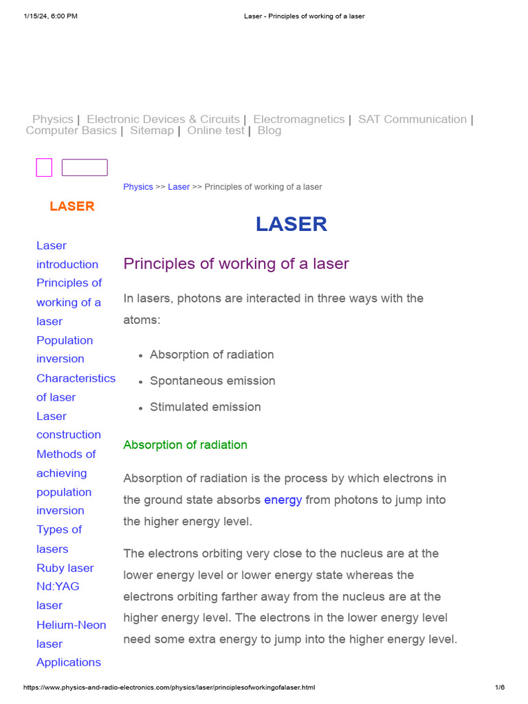 Working Principles of Lasers Explained | PDF | Laser | Emission Spectrum