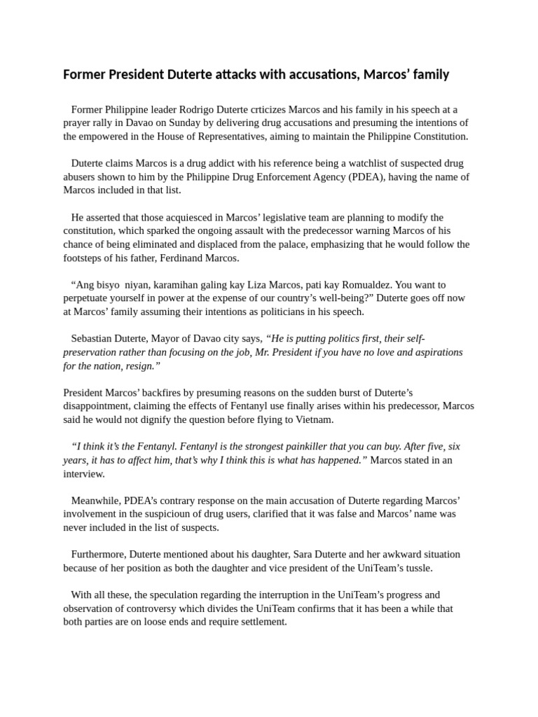 Former President Duterte Attacks With Accusations | PDF | Rodrigo Duterte
