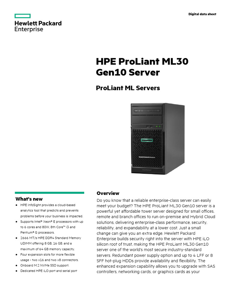 HPE ProLiant ML30 Gen10 Server Datasheet | PDF | Computing | Computer ...