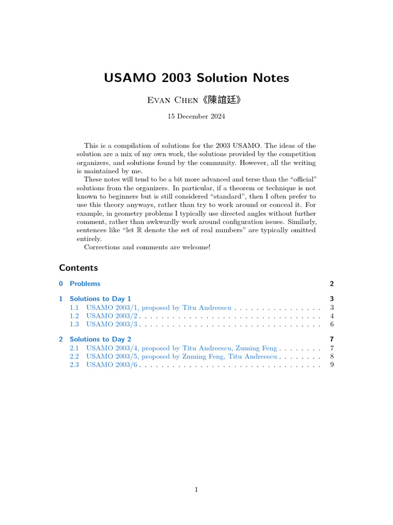 USAMO 2003 Solutions Overview | PDF | Mathematical Objects | Euclid