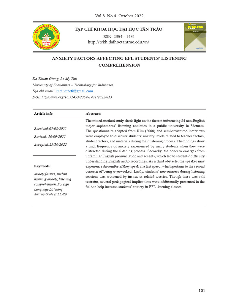 EFL Students' Listening Anxiety Factors | PDF | Anxiety | Teachers