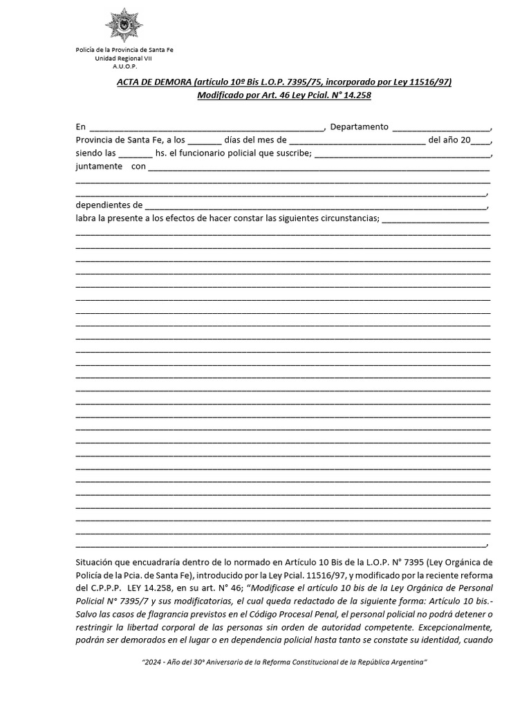 Acta de Demora Policía Santa Fe 2024 | PDF | Policía | Gobierno