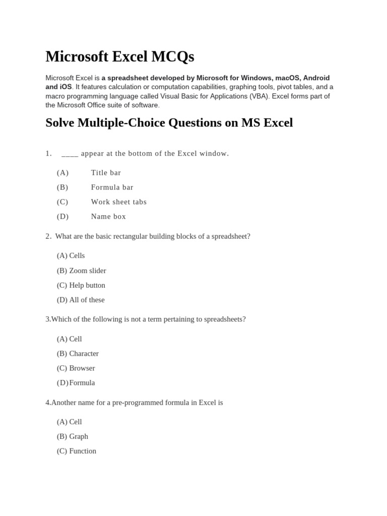 Microsoft excel mcqs pdf microsoft excel spreadsheet