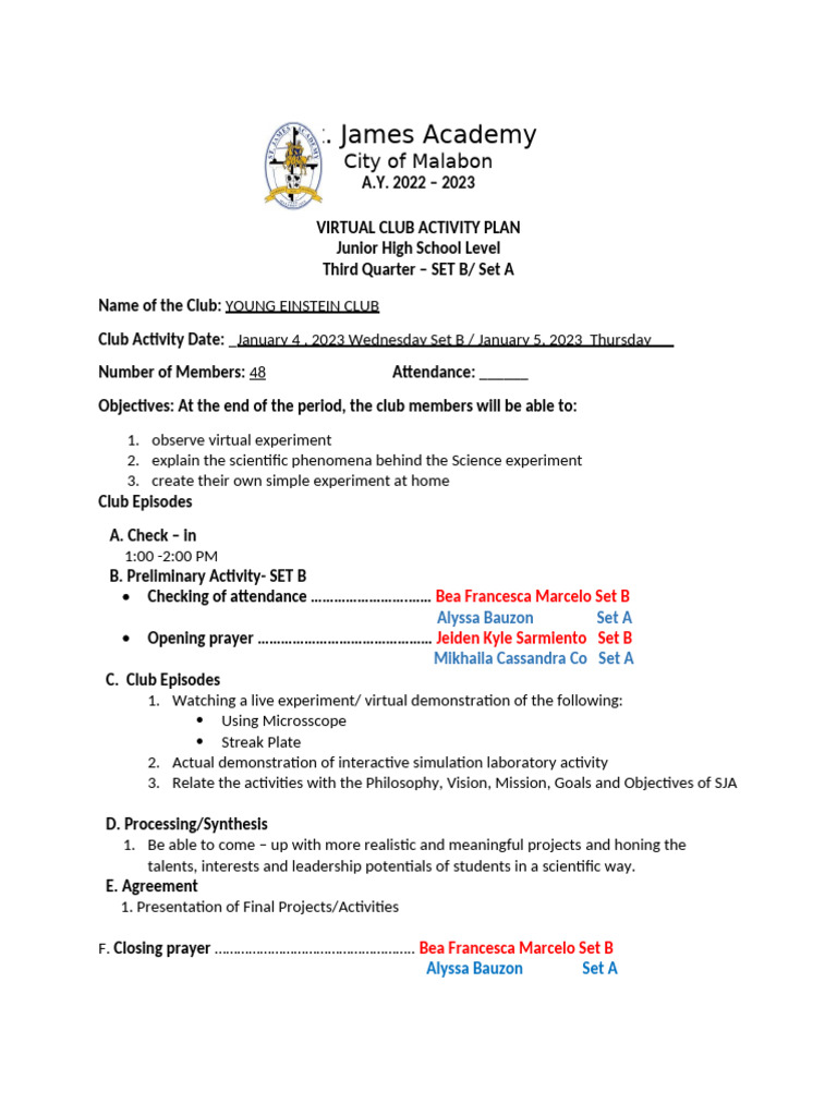 Young Einstein Club Virtual Activity Plan | PDF