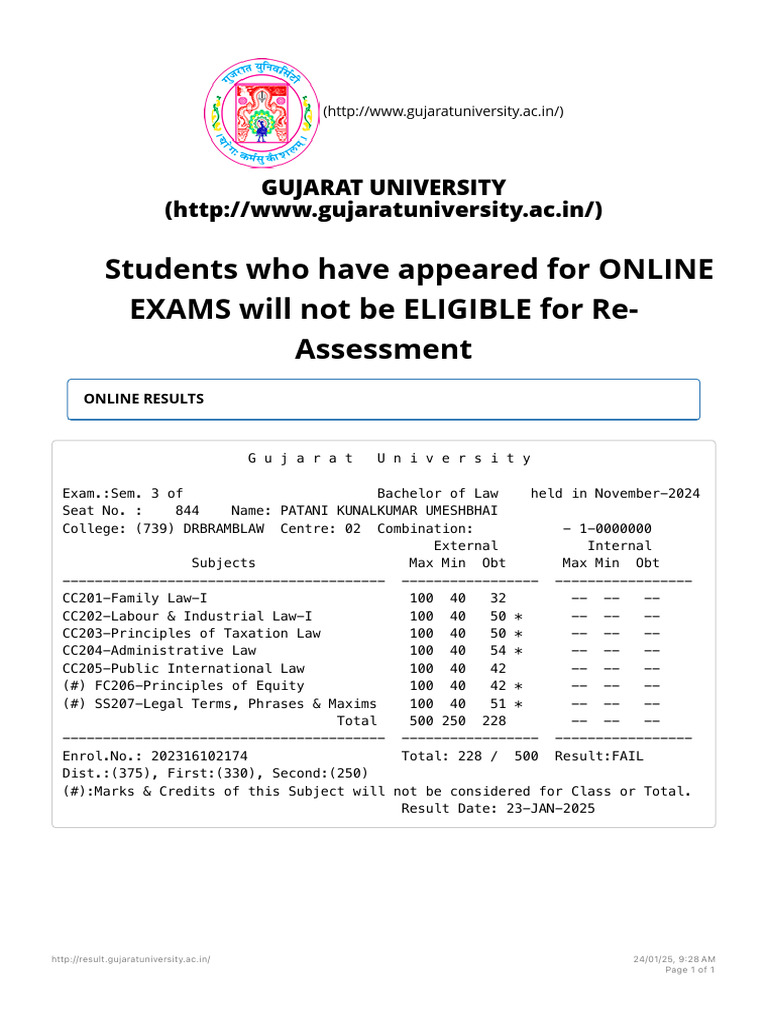 Gujarat University LLB Sem 3 Result | PDF
