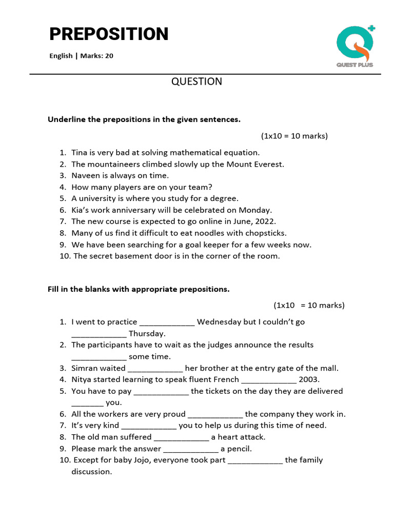 Article and Preposition Exercise for 10th Grade | PDF