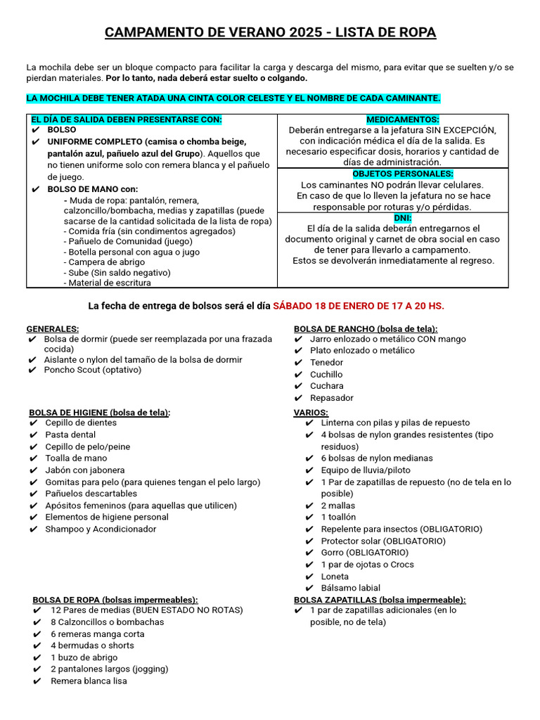 Lista de Ropa Campamento Verano 2025 | PDF | Ropa