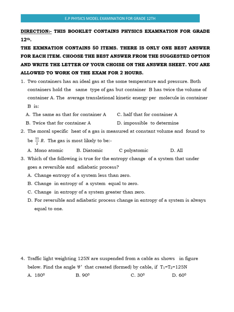 Grade 12 Physics Model Exam Questions | PDF | Force | Collision