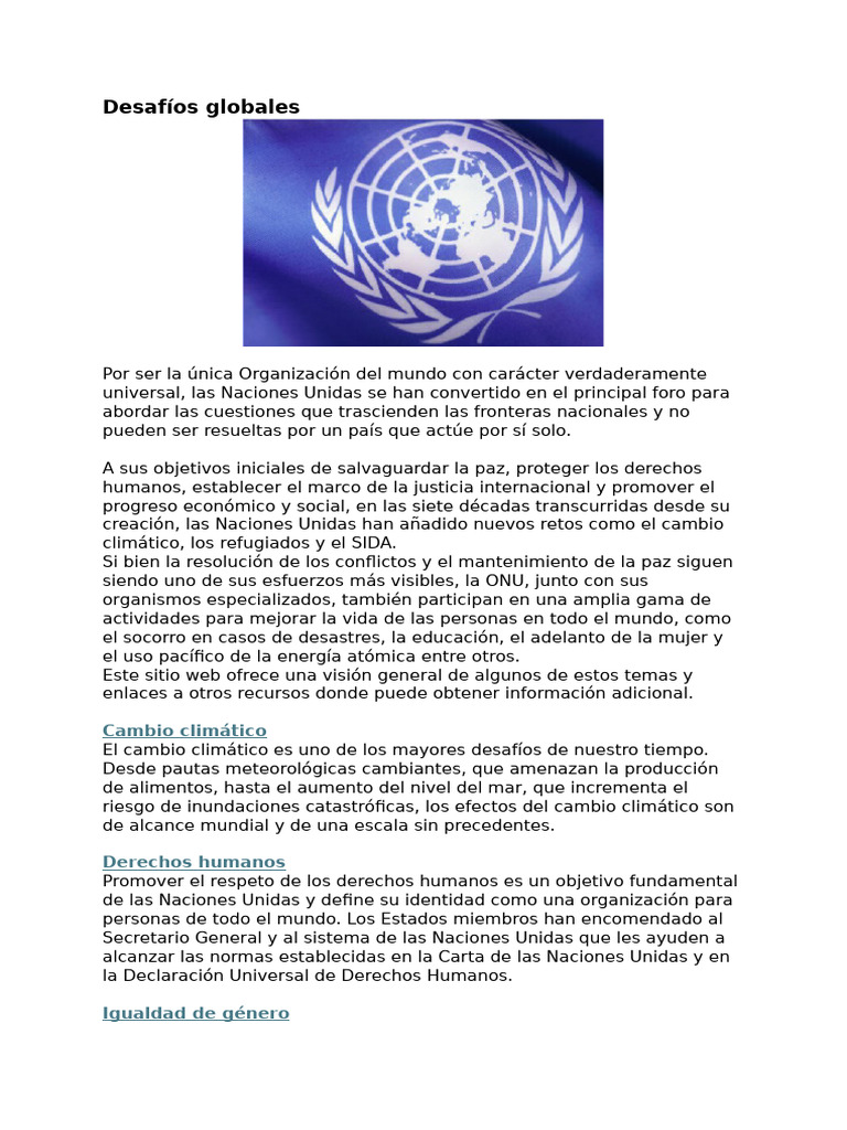 Desafíos de la ONU en el Mundo | PDF | Naciones Unidas | Relaciones ...