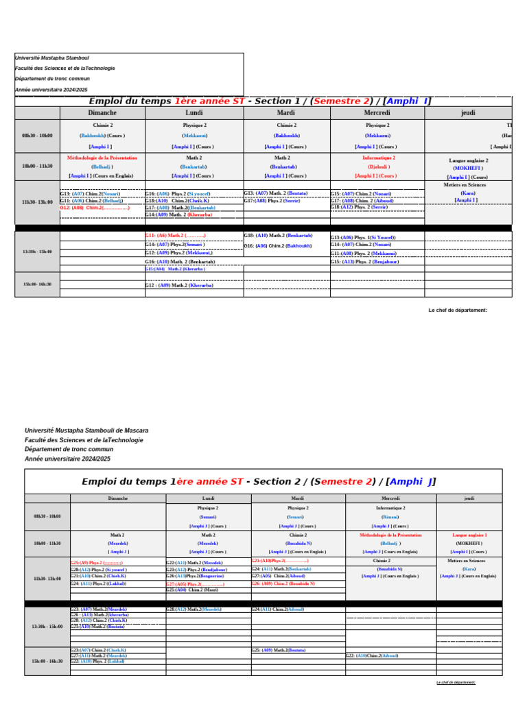 Emploi du temps 1ère année ST 2024/2025 | PDF | Sciences physiques ...