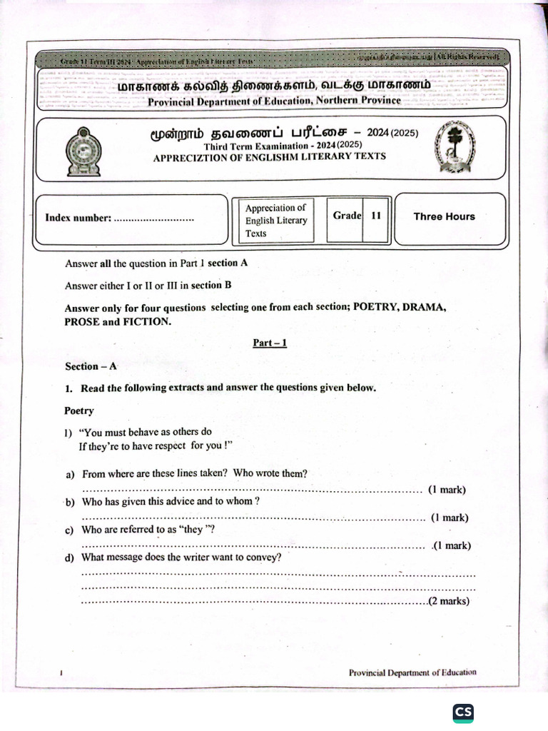 English Literature - Grade 11 - Third Term Test 2024 - Northern ...