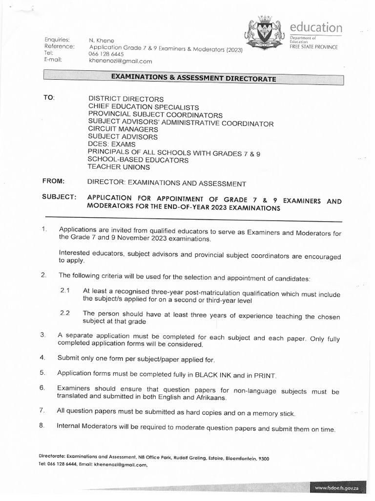 Application For Appointment of GR 7 & 9 Examiners and Moderators 2023 | PDF