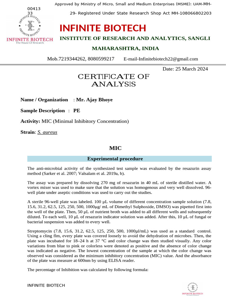 MIC Analysis Report for PE Sample | PDF | Microbiology