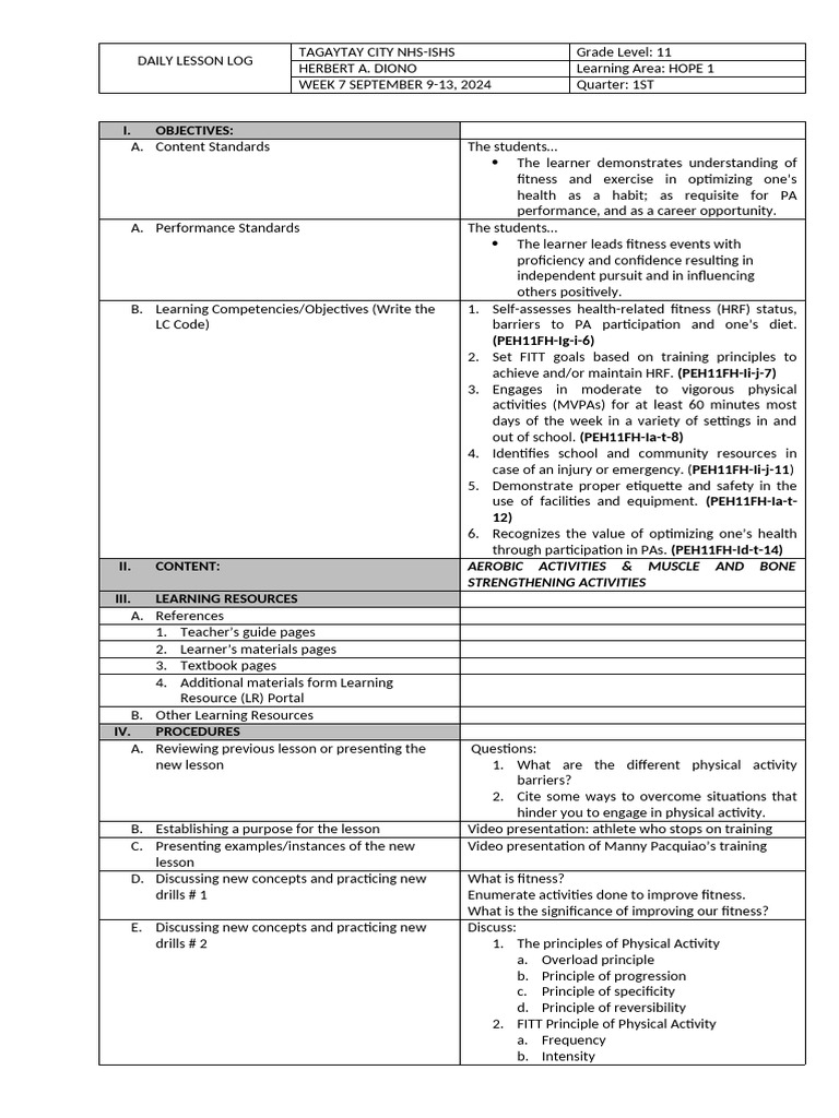 Grade 11 HOPE 1 Daily Lesson Plan | PDF | Educational Assessment | Teachers