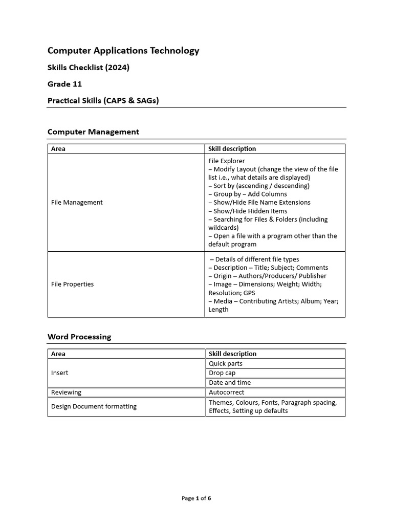 Grade 11 Computer Applications Skills Checklist | PDF | Spreadsheet ...