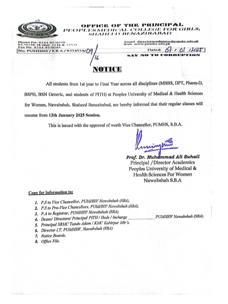 Notice classes opening mbbs allied 2025 pdf