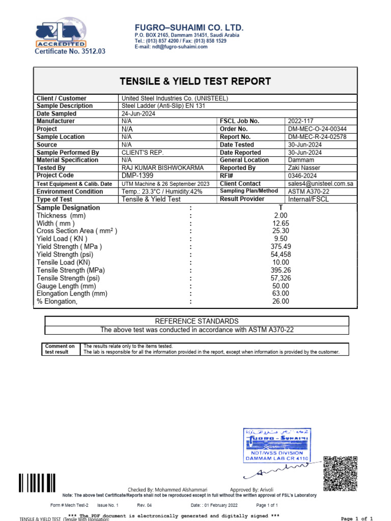 Tensile & Yield Test Report for Steel Ladder | PDF | Ultimate Tensile ...