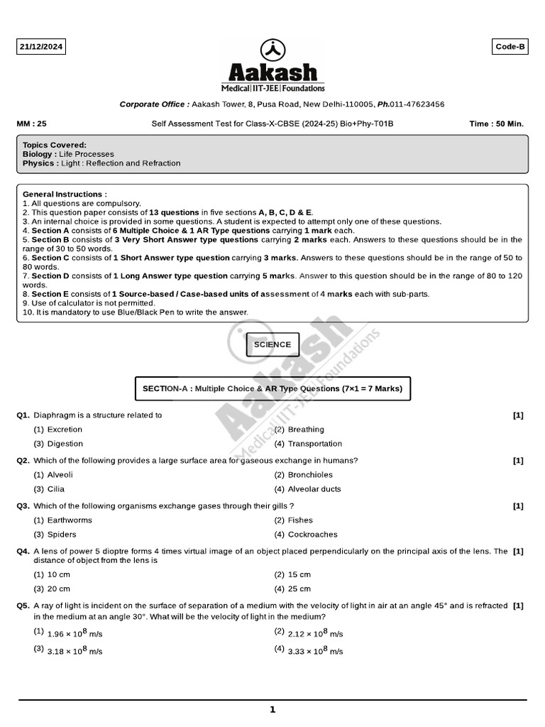 Self Assessment Test-1B (CBSE) Bio - Phy (C-10) (21-12-2024) | PDF