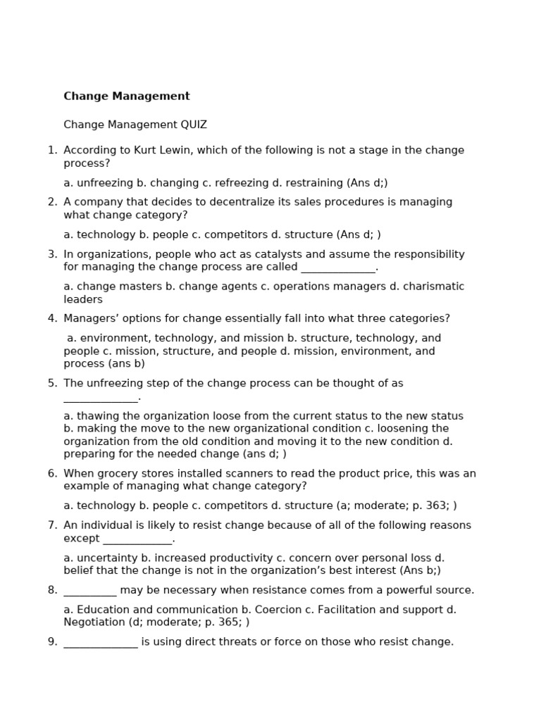 Change Management Quiz Questions | PDF | Change Management | Leadership